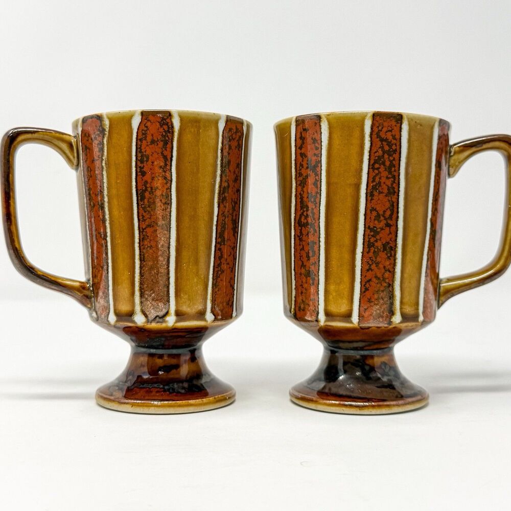 Vintage Hand Painted Footed Pedestal Coffee Cups Stoneware Mug Set Retro